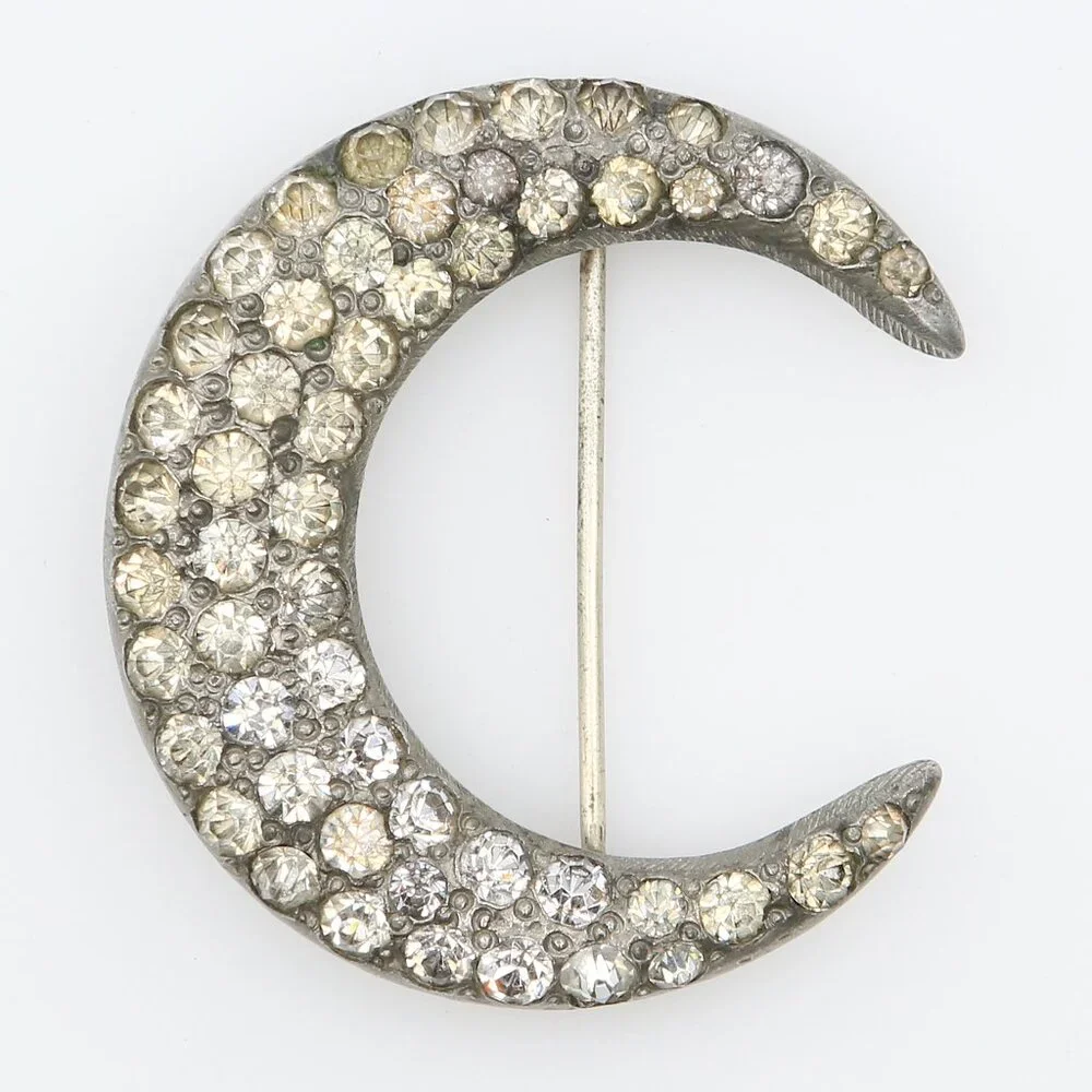 Antique‎ Art Deco Celestial Crescent Moon Rhinestone Pot Metal Brooch 1920s